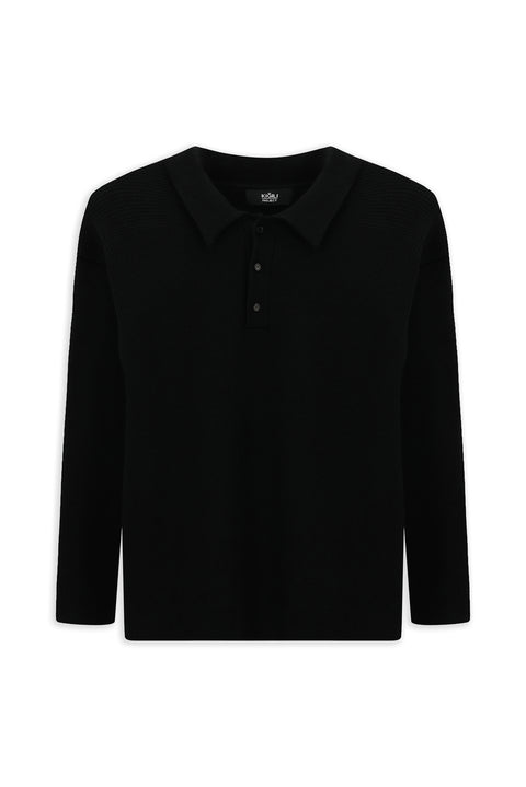 Siyah Polo Yaka Oversize Ekstra Rahat Kesim Desenli Triko Kazak