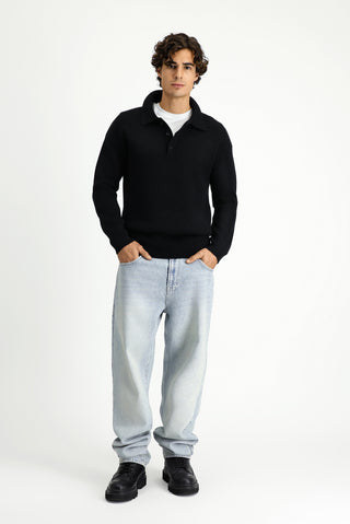  Siyah Polo Yaka Oversize Ekstra Rahat Kesim Çizgili Triko Kazak