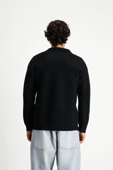 Siyah Polo Yaka Oversize Ekstra Rahat Kesim Desenli Triko Kazak