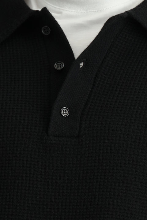 Siyah Polo Yaka Oversize Ekstra Rahat Kesim Çizgili Triko Kazak