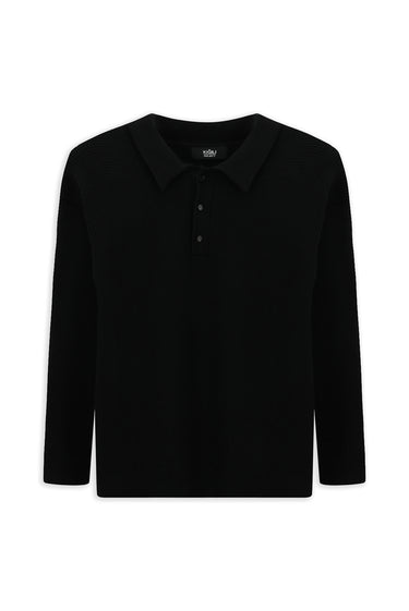 Siyah Polo Yaka Oversize Ekstra Rahat Kesim Desenli Triko Kazak