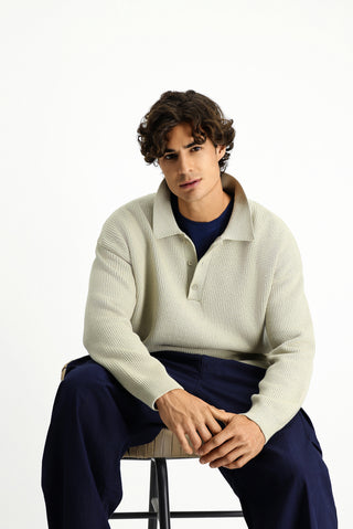  Taş Polo Yaka Oversize Ekstra Rahat Kesim Desenli Triko Kazak