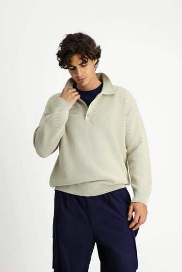  Taş Polo Yaka Oversize Ekstra Rahat Kesim Desenli Triko Kazak