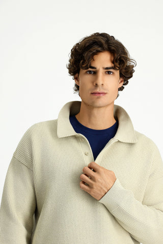  Taş Polo Yaka Oversize Ekstra Rahat Kesim Desenli Triko Kazak