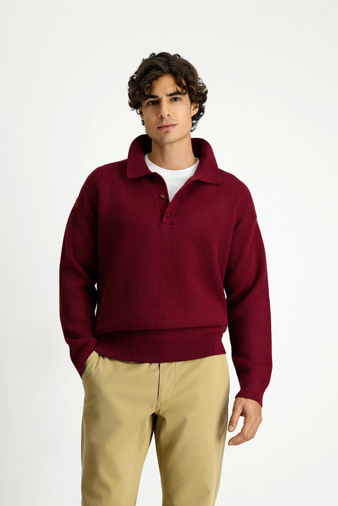 Koyu Bordo Polo Yaka Oversize Ekstra Rahat Kesim Desenli Triko Kazak