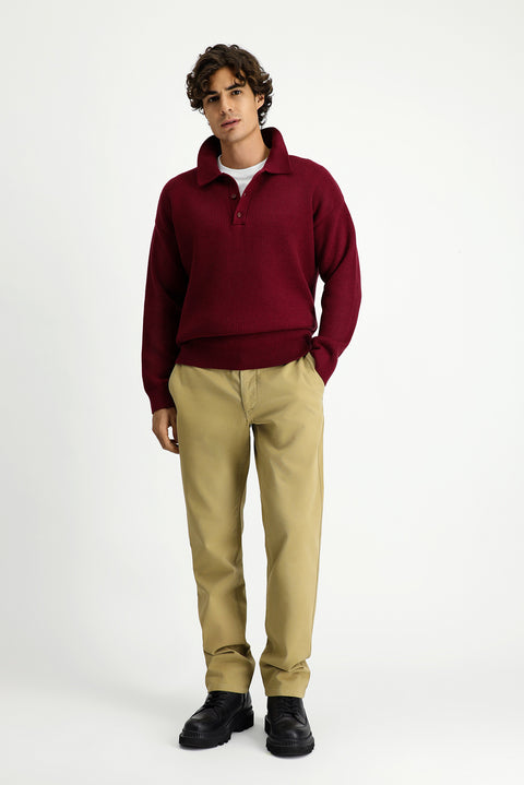 Koyu Bordo Polo Yaka Oversize Ekstra Rahat Kesim Desenli Triko Kazak