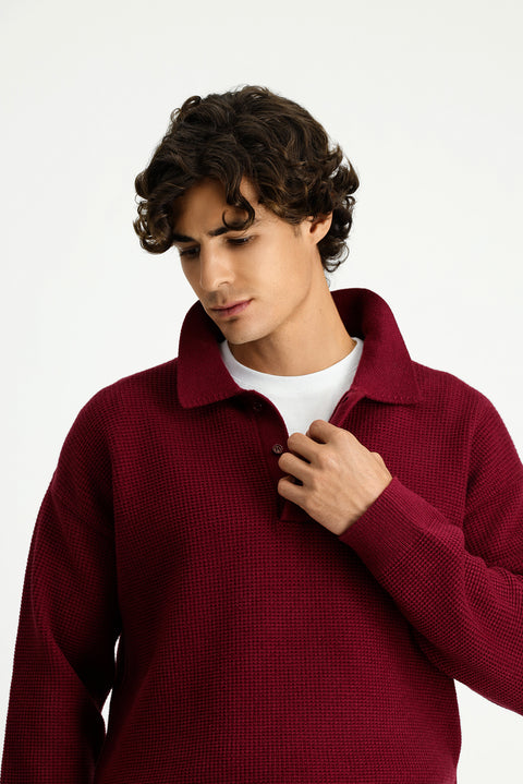 Koyu Bordo Polo Yaka Oversize Ekstra Rahat Kesim Desenli Triko Kazak