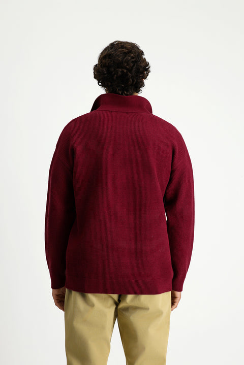 Koyu Bordo Polo Yaka Oversize Ekstra Rahat Kesim Desenli Triko Kazak