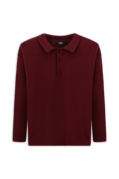 Koyu Bordo Polo Yaka Oversize Ekstra Rahat Kesim Desenli Triko Kazak