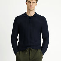 Koyu Lacivert Polo Yaka Regular Fit Desenli Fermuarlı Pamuklu Triko Kazak