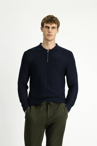  Koyu Lacivert Polo Yaka Regular Fit Desenli Fermuarlı Pamuklu Triko Kazak