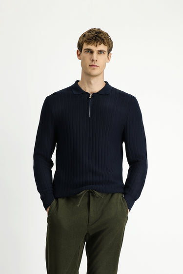  Koyu Lacivert Polo Yaka Regular Fit Desenli Fermuarlı Pamuklu Triko Kazak