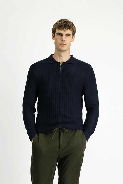 Koyu Lacivert Polo Yaka Regular Fit Desenli Fermuarlı Pamuklu Triko Kazak