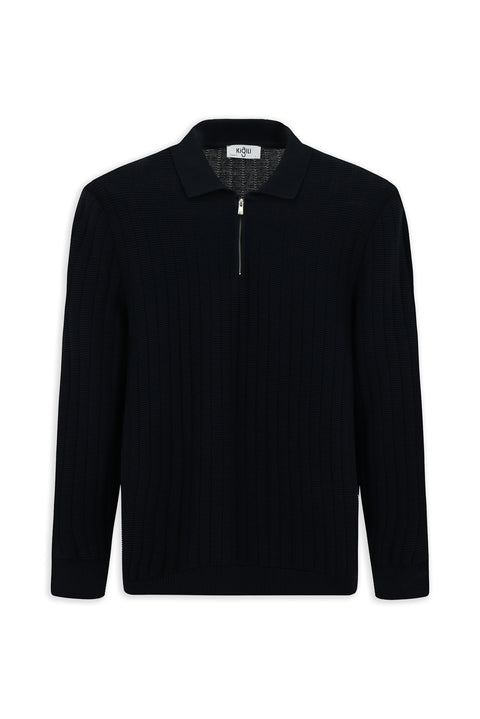 Koyu Lacivert Polo Yaka Regular Fit Desenli Fermuarlı Pamuklu Triko Kazak