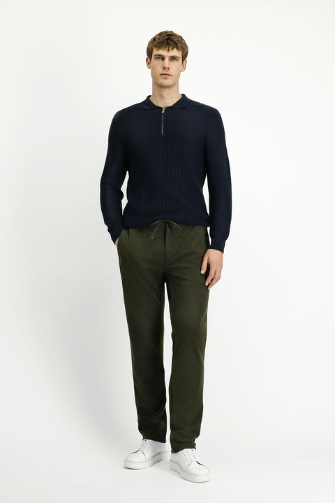 Koyu Lacivert Polo Yaka Regular Fit Desenli Fermuarlı Pamuklu Triko Kazak