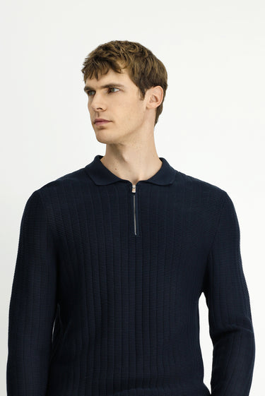  Koyu Lacivert Polo Yaka Regular Fit Desenli Fermuarlı Pamuklu Triko Kazak