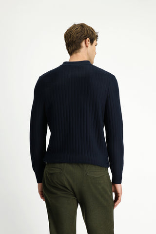  Koyu Lacivert Polo Yaka Regular Fit Desenli Fermuarlı Pamuklu Triko Kazak