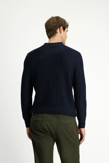  Koyu Lacivert Polo Yaka Regular Fit Desenli Fermuarlı Pamuklu Triko Kazak