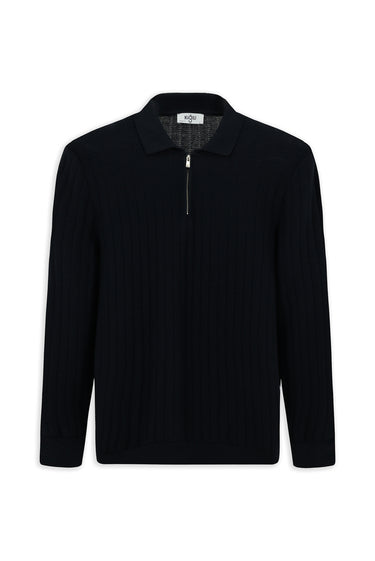 Koyu Lacivert Polo Yaka Regular Fit Desenli Fermuarlı Pamuklu Triko Kazak