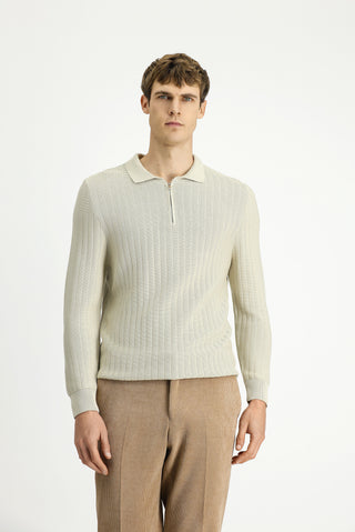  Taş Polo Yaka Regular Fit Desenli Fermuarlı Pamuklu Triko Kazak