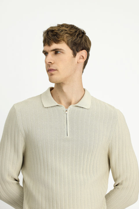 Taş Polo Yaka Regular Fit Desenli Fermuarlı Pamuklu Triko Kazak