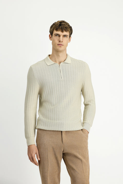 Taş Polo Yaka Regular Fit Desenli Fermuarlı Pamuklu Triko Kazak