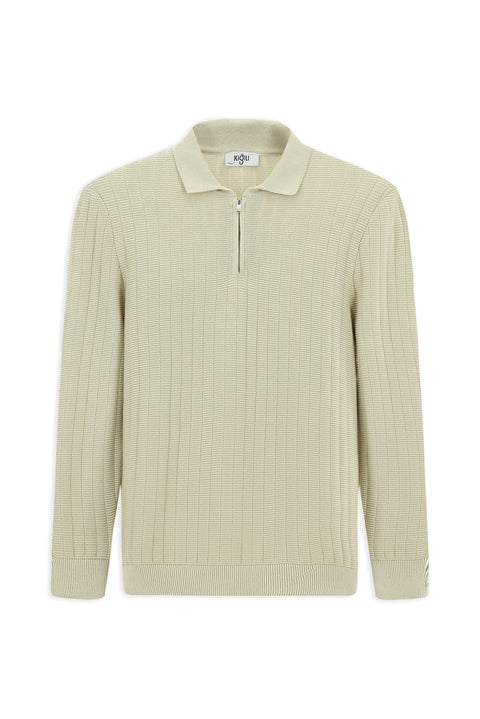 Taş Polo Yaka Regular Fit Desenli Fermuarlı Pamuklu Triko Kazak