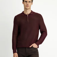 Koyu Bordo Polo Yaka Regular Fit Desenli Fermuarlı Pamuklu Triko Kazak