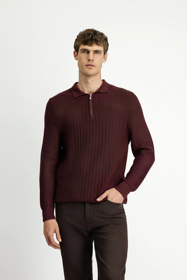  Koyu Bordo Polo Yaka Regular Fit Desenli Fermuarlı Pamuklu Triko Kazak