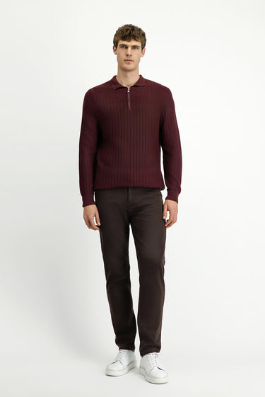  Koyu Bordo Polo Yaka Regular Fit Desenli Fermuarlı Pamuklu Triko Kazak