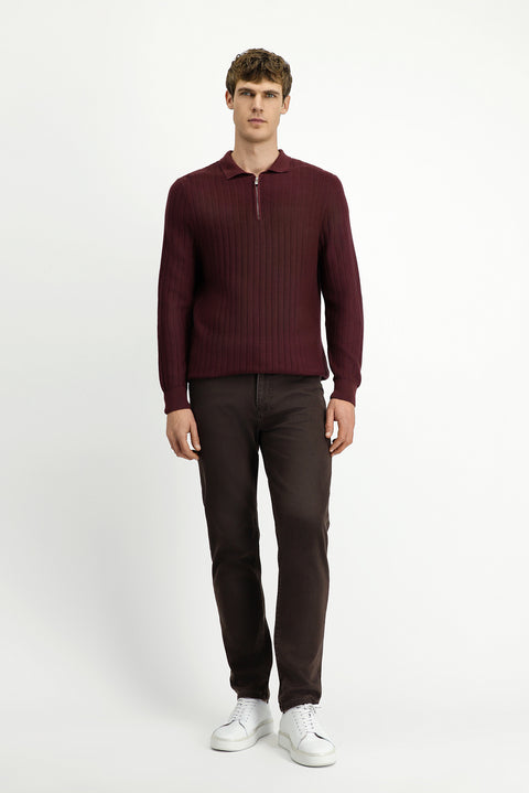 Koyu Bordo Polo Yaka Regular Fit Desenli Fermuarlı Pamuklu Triko Kazak