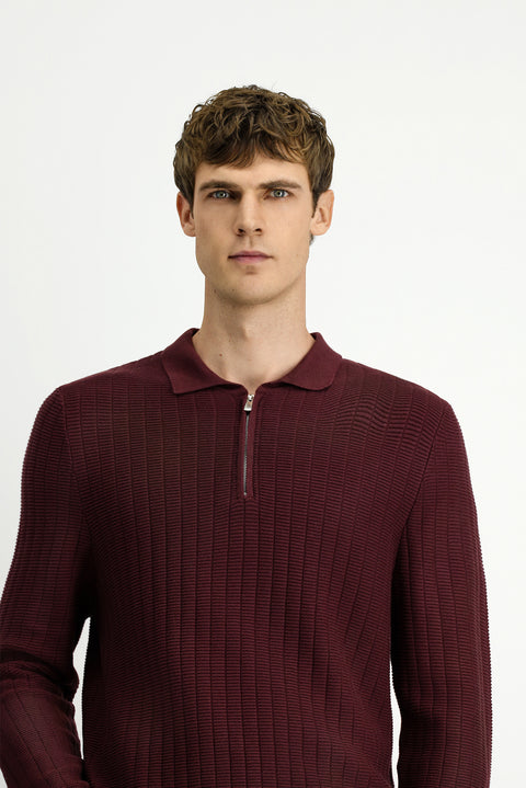 Koyu Bordo Polo Yaka Regular Fit Desenli Fermuarlı Pamuklu Triko Kazak