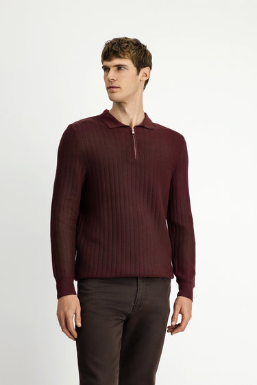 Koyu Bordo Polo Yaka Regular Fit Desenli Fermuarlı Pamuklu Triko Kazak