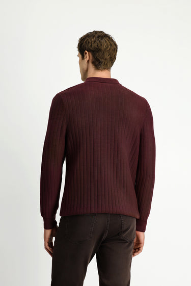 Koyu Bordo Polo Yaka Regular Fit Desenli Fermuarlı Pamuklu Triko Kazak