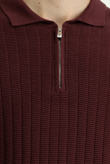 Koyu Bordo Polo Yaka Regular Fit Desenli Fermuarlı Pamuklu Triko Kazak