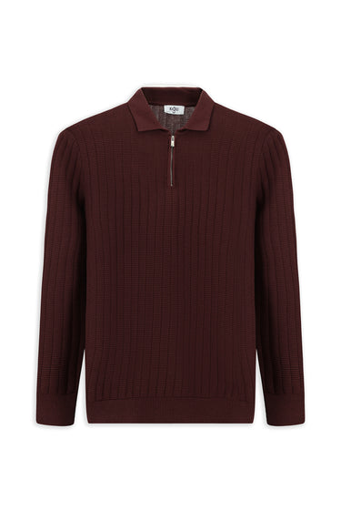Koyu Bordo Polo Yaka Regular Fit Desenli Fermuarlı Pamuklu Triko Kazak