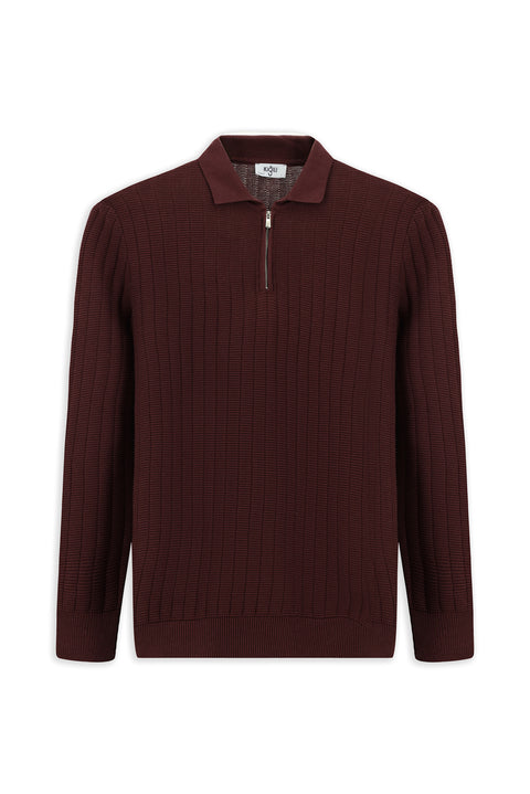 Koyu Bordo Polo Yaka Regular Fit Desenli Fermuarlı Pamuklu Triko Kazak