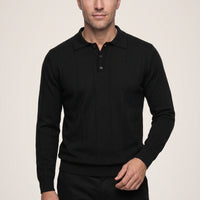 Black Polo Collar Button-Down Regular Fit Striped Knit Sweater