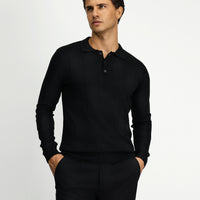 Siyah Polo Yaka Regular Fit Desenli Triko Kazak