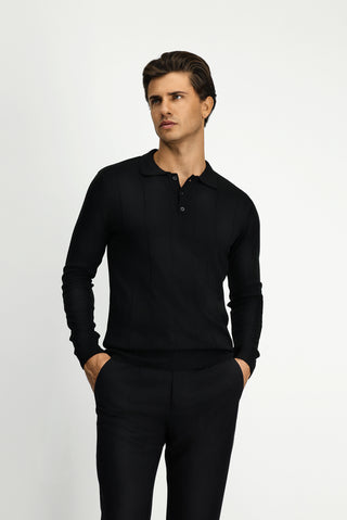  Siyah Polo Yaka Regular Fit Desenli Triko Kazak