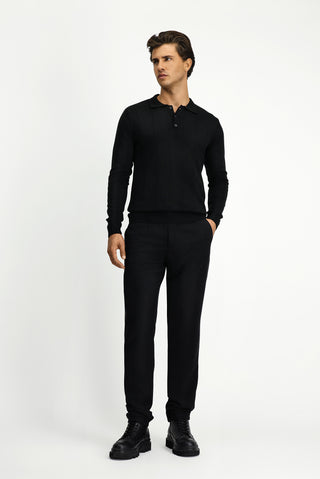  Siyah Polo Yaka Regular Fit Desenli Triko Kazak