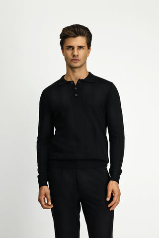  Siyah Polo Yaka Regular Fit Desenli Triko Kazak