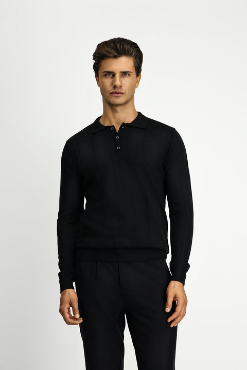 Siyah Polo Yaka Düğmeli Regular Fit Çizgili Triko Kazak