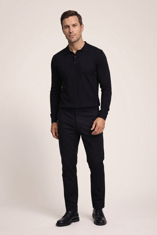  Siyah Polo Yaka Düğmeli Regular Fit Çizgili Triko Kazak