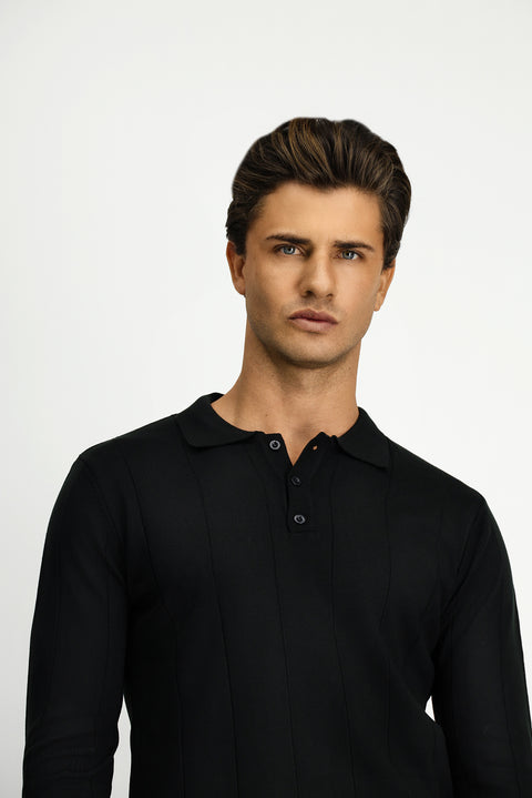 Siyah Polo Yaka Düğmeli Regular Fit Çizgili Triko Kazak