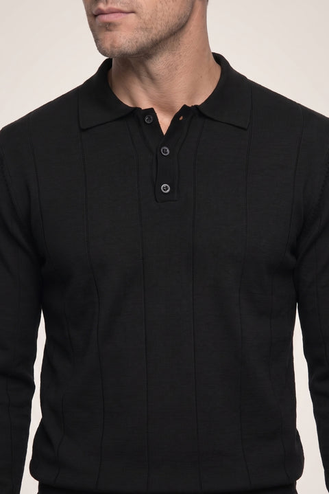 Black Polo Collar Button-Down Regular Fit Striped Knit Sweater