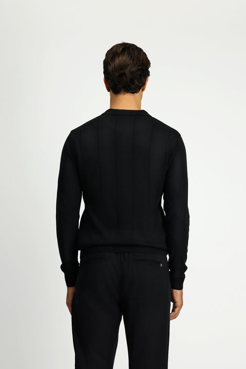 Siyah Polo Yaka Düğmeli Regular Fit Çizgili Triko Kazak