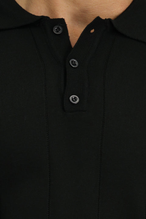 Siyah Polo Yaka Düğmeli Regular Fit Çizgili Triko Kazak