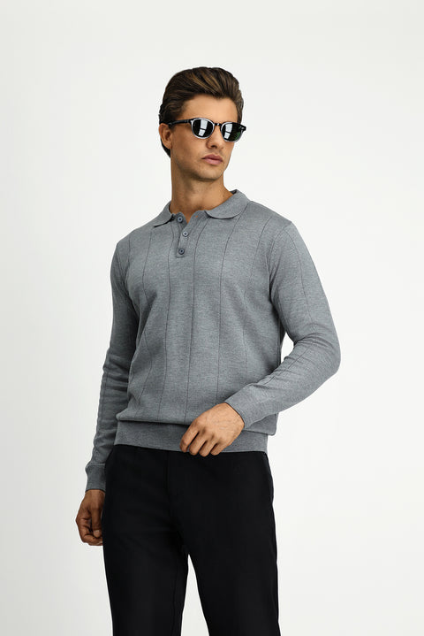 Orta Gri Melanj Polo Yaka Düğmeli Regular Fit Çizgili Triko Kazak