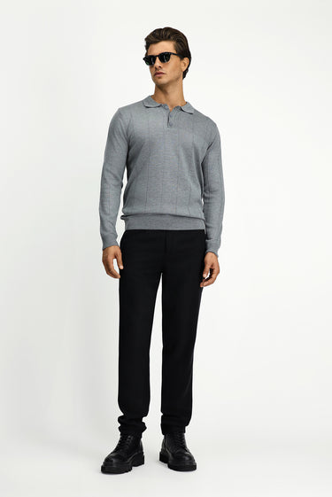  Orta Gri Melanj Polo Yaka Regular Fit Desenli Triko Kazak